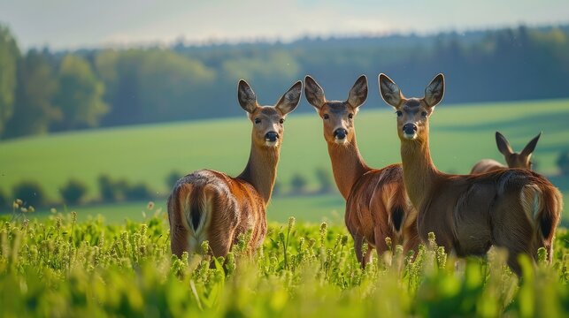 European roe deer herd in the green field.