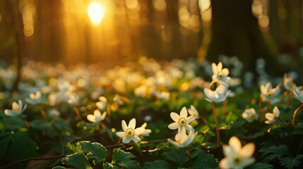 Fantastic forest with fresh flowers in the sunlight. Early spring time is the moment for wood anemone. - obrazy, fototapety, plakaty