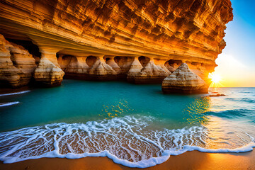 cave in the ocean with sunset or sunrise 