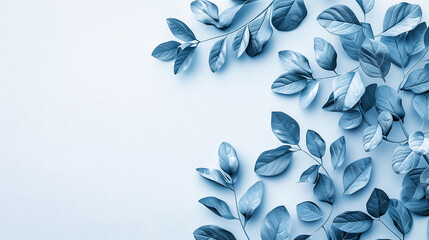 Delicate blue elegant background with leaves on white background with space for text. Background, texture, abstraction, leaves, elegance