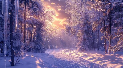 Winter wonderland background with icicles, snow-covered trees, and a twilight sky, perfect for seasonal greetings - obrazy, fototapety, plakaty