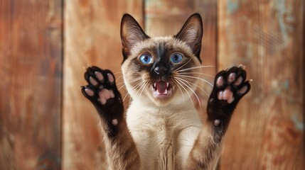 Funny seal point siamese cat playing raising paws making funny face with mouth open on brown...