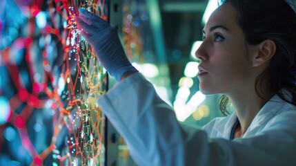 Female scientist in lab coat checking artificial neurons connected into neural network. Computational neuroscience, machine learning, scientific research
