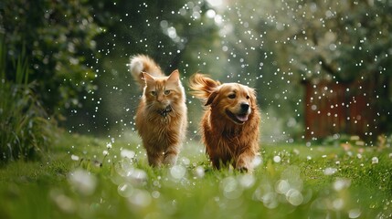 Furry friends red cat and dog walking in a summer meadow under the drops of warm rain