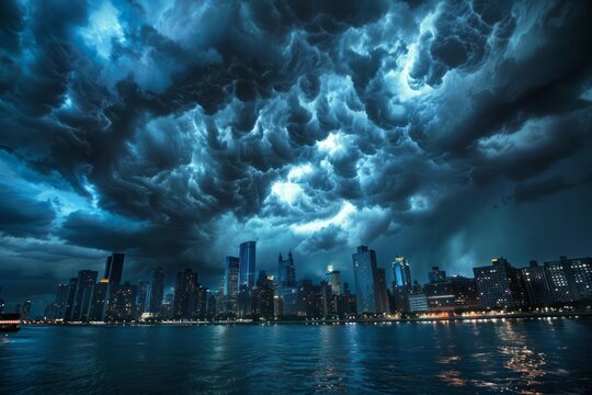 Dark storm clouds over city skyline, representing societal uncertainty, dramatic lighting