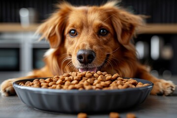 Dog eating food from bowl - obrazy, fototapety, plakaty