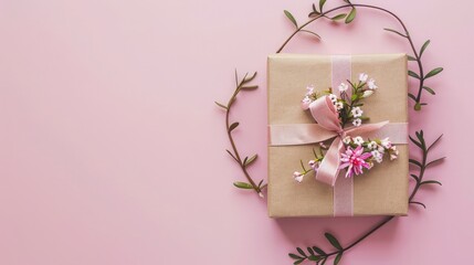 Flat lay of vintage gift box of Kraft eco paper with flower frame wreath on pink background, top view with copy space,