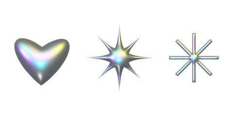 Abstract 3d metal holographic y2k elements set - stars, heart and other simple geometric shapes with glossy chrome effect. Trendy y2k vector illustration