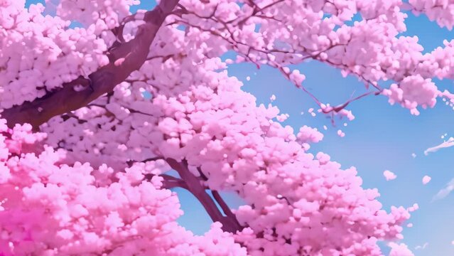displays an image of cherry blossoms against a blue sky