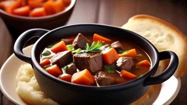 Beef stew hotpot with spices, bread and vegetables. Traditional cuisine beef stew. Food style decorated table