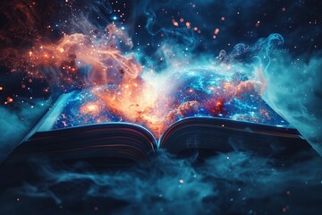 Story of Creation Illustrate a book with pages that transform into a swirling galaxy, with stars and planets forming from the words on the page, symbolizing the universe coming into being through the  - obrazy, fototapety, plakaty