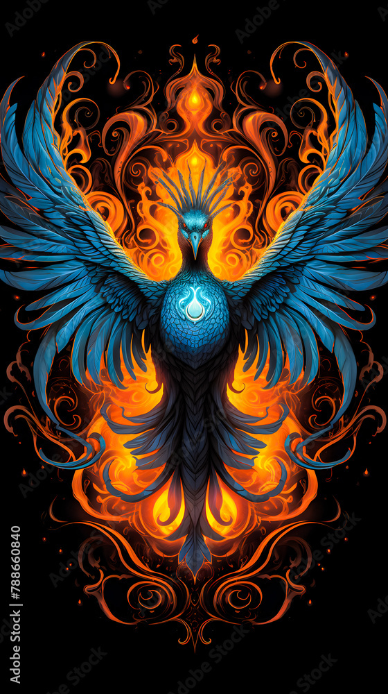 Sticker Blue phoenix wallpaper for smartphone with black background, bird background with fire around it