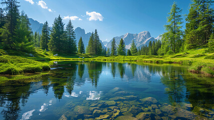 A serene landscape showcasing a lush green alpine forest and a small pond reflecting the clear blue sky and majestic mountains in the background. - Powered by Adobe