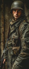 World War I Soldiers Design costumes and weapons for characters based on World War I soldiers, including trench coats, helmets, rifles, and gas masks, capturing the grim and gritty reality of trench w - obrazy, fototapety, plakaty