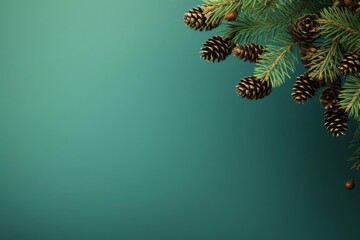 Branches of fluffy blue spruce with pine cones on a green background