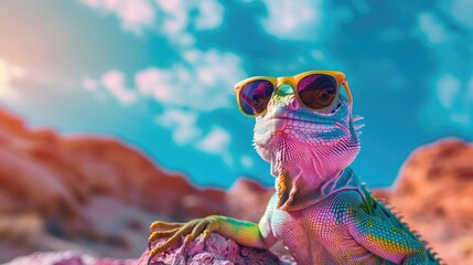 funky and colorful lizard with sunglasses, nature background with mountains and sky - obrazy, fototapety, plakaty