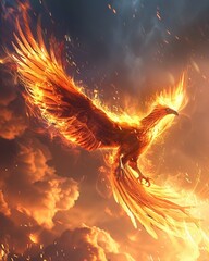 Phoenix Poses Illustrate phoenixes in yoga poses, their fiery feathers blending with the sunset sky as they rise from their ashes in a spiritual practice 8K , high-resolution, ultra HD,up32K HD