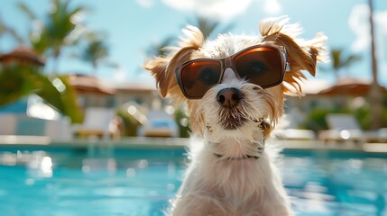 cute puppy dog by the pool for summer in googles - obrazy, fototapety, plakaty