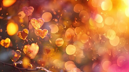 Experience the romantic charm of a sunset inspired heart shaped bokeh texture background perfect for adding a touch of warmth and love to your Valentine s Day letters The hues of yellow ora - obrazy, fototapety, plakaty