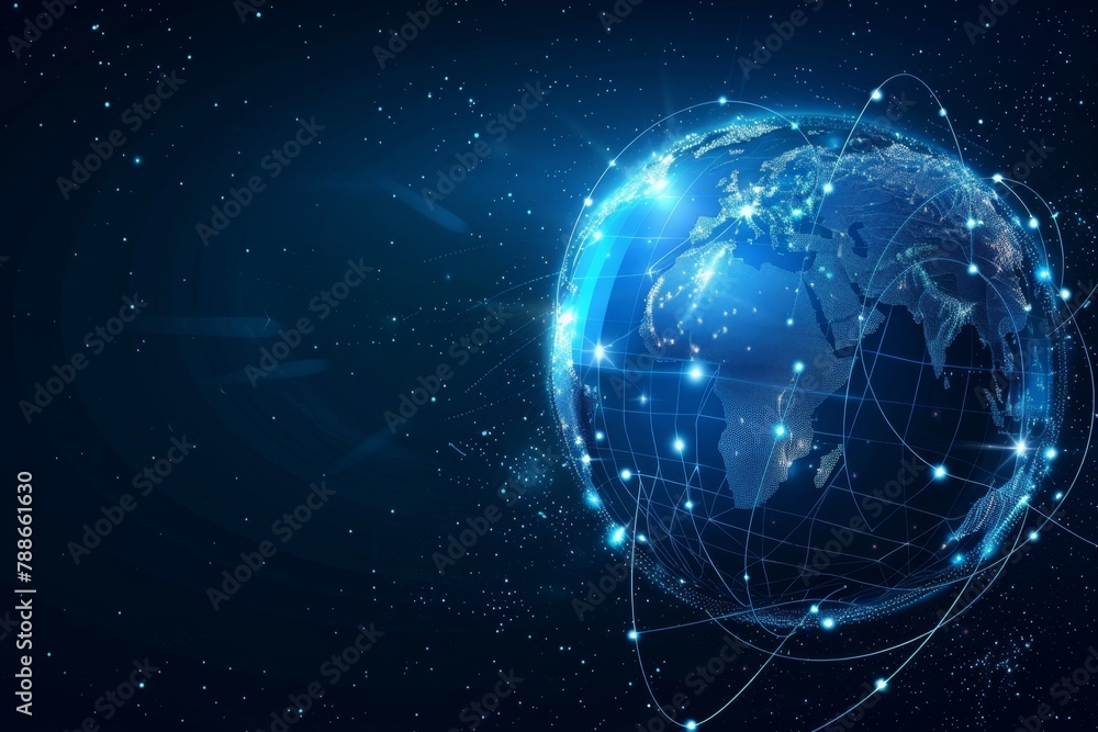 Poster abstract global network concept with blue glowing world map, data transfer and cyber technology back