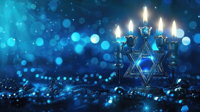 Hanukkah themed background with a pattern of menorahs and stars of David in shades of blue and silver