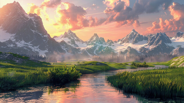 This breathtaking image captures a serene mountain valley at sunrise, featuring majestic peaks, a gently flowing river, and vibrant greenery illuminated by the golden sunrise.
