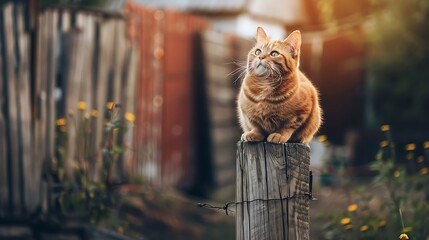 Cute red cat sitting on wooden column and looking curious away - obrazy, fototapety, plakaty