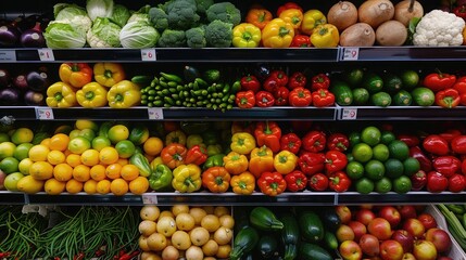 Fruits and vegetables on a supermarket's chilled shelf.