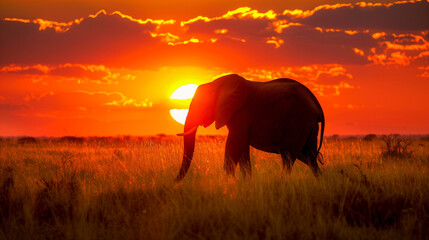 A majestic elephant silhouetted against the golden hues of sunset