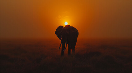 A majestic elephant silhouetted against the golden hues of sunset