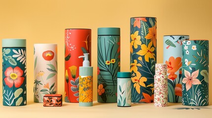 a group of colorful vases sitting on top of a table next to each other on a yellow background