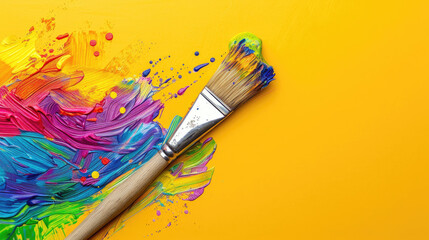 paintbrush with vibrant colors on its bristles is artistically splashing a spectrum of paint against a bright yellow background  - obrazy, fototapety, plakaty