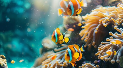 Tropical sea underwater fishes on coral reef. Aquarium oceanarium wildlife colorful marine panorama landscape nature snorkeling diving - obrazy, fototapety, plakaty