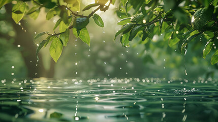 This vibrant image captures sunlight piercing through lush green leaves, creating a serene display of light and shadows on the gentle rippling water surface below. - Powered by Adobe
