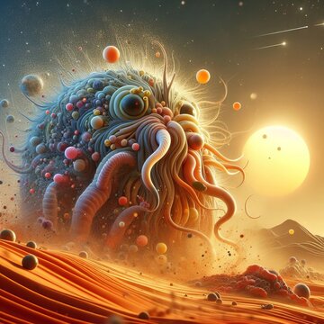 Fantastical creature with vibrant tentacles under a starry sky, radiating an otherworldly, dreamlike presence