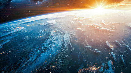 photography from space showing the planet and the sun. Background, texture, abstraction, science. cosmos.