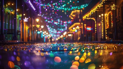 Mardi Gras background with green, purple, and gold glitter covering a festive street scene
