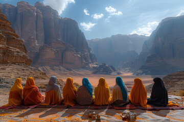 Muslim, group and women praying outdoor for faith, religion and solidarity with Islam by mountains. Back of people on floor with worship of god and Allah for holy and spiritual travel or pilgrim - obrazy, fototapety, plakaty