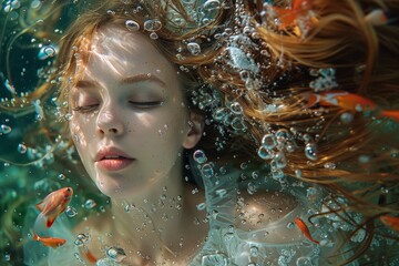 Woman closing eyes underwater