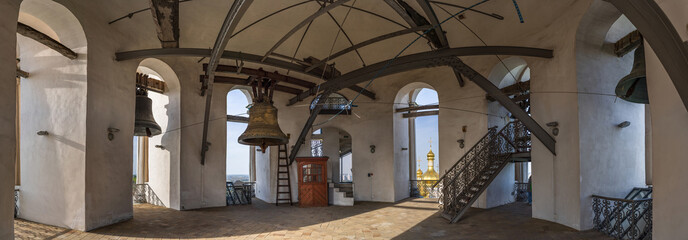 Inside view of the belfry Great Lavra Bell Tower of the Kiev Pechersk Lavra. Kyiv, Ukraine.