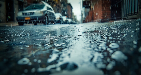 Shot of raindrops falling on the sidewalk. Background, texture, abstraction, rain, drops