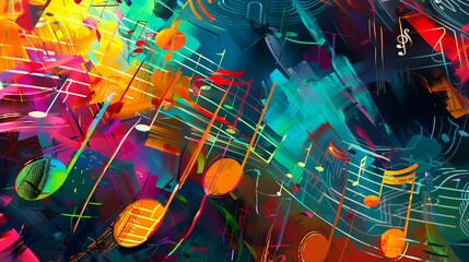 Music notes flying in the dark. 3D illustration. Abstract background.