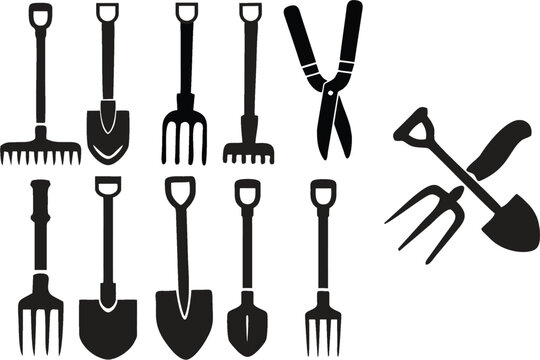 Gardening tool silhouette icons. Environment friendly hobby. Landscaping and plant trimming equipment in editable vector format. eps 10