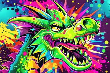 Illustration of a cartoonish dragon in neon green, quirky expression, surrounded by vivid, comicstyle burst effects,