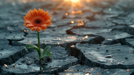   A solitary orange flower floating in a puddle, sun shining behind - obrazy, fototapety, plakaty