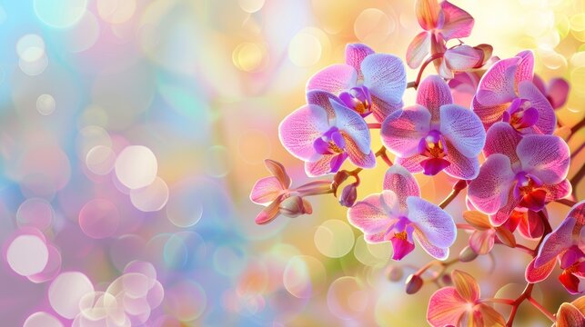 Beautiful colorful orchid flowers with branch isolated on nature background. AI generated image