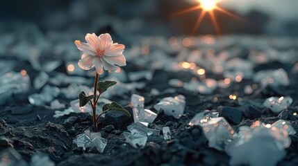   A solitary flower atop an assortment of ice cubes, nestled amidst a terrain of grass and earth - obrazy, fototapety, plakaty