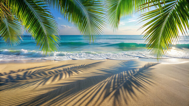 Soft waves wash ashore on a pristine sandy beach framed by a canopy of palm trees. The early morning light casts the intricate shadows of palm leaves on the bright golden sand. AI generated.