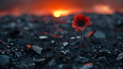   A solitary red bloom rests amidst a sea of black rocks and gravel Sunset backdrop - obrazy, fototapety, plakaty