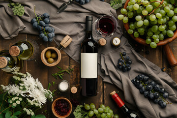 Table setting with wine bottle and grapes